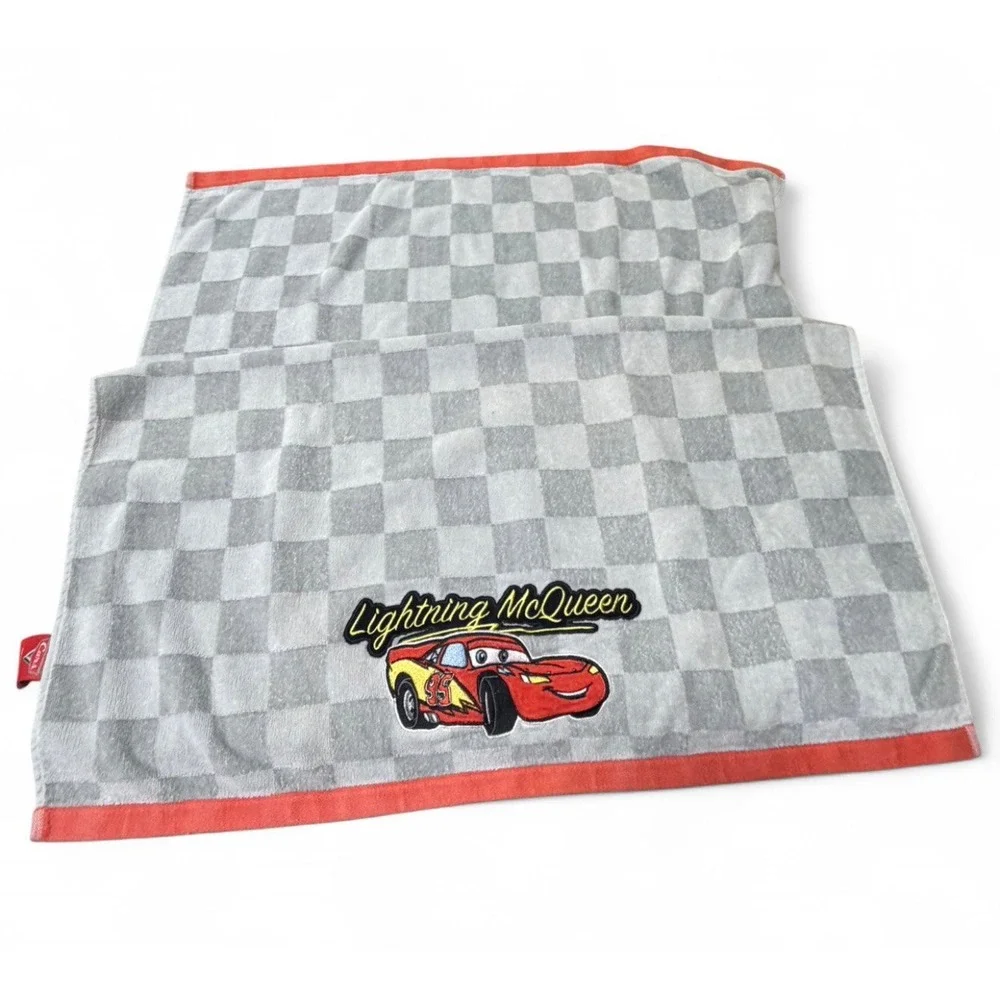 Disney Pixar Cars Lightning McQueen Towel Gray Checkered Embroidered Racing